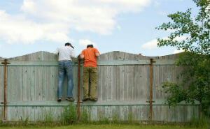 Neighbors peering over their fence