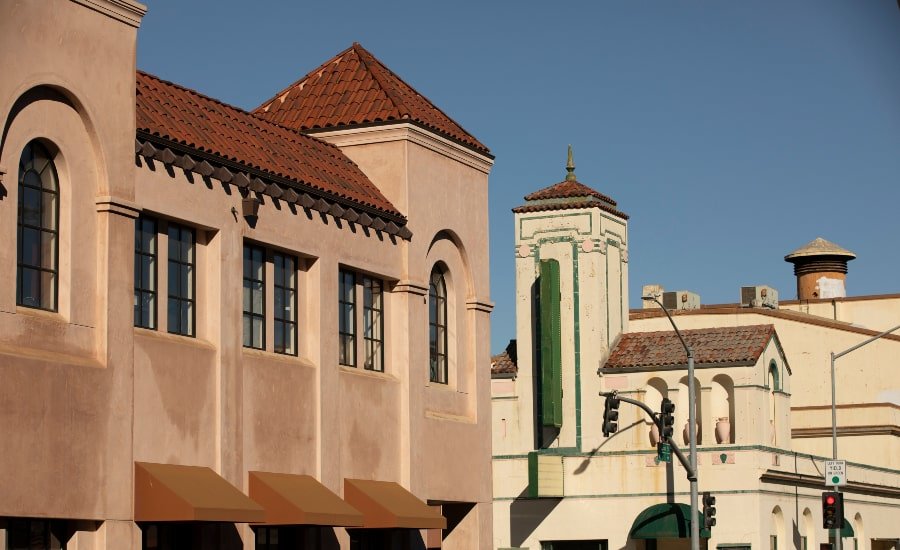 Street view of historic buildings in downtown Watsonville, CA
