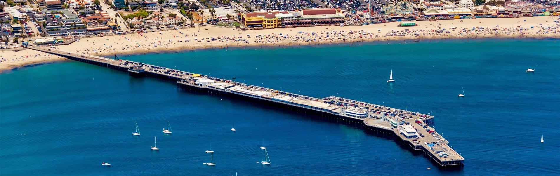 Aerial view of the iconic boardwalk and beach in Santa Cruz, California