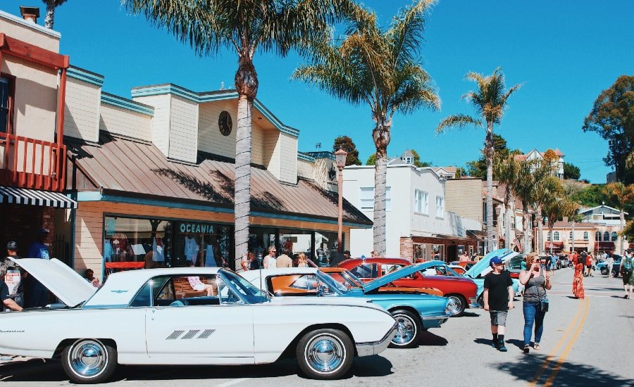 Downtown Santa Cruz street with vintage cars
