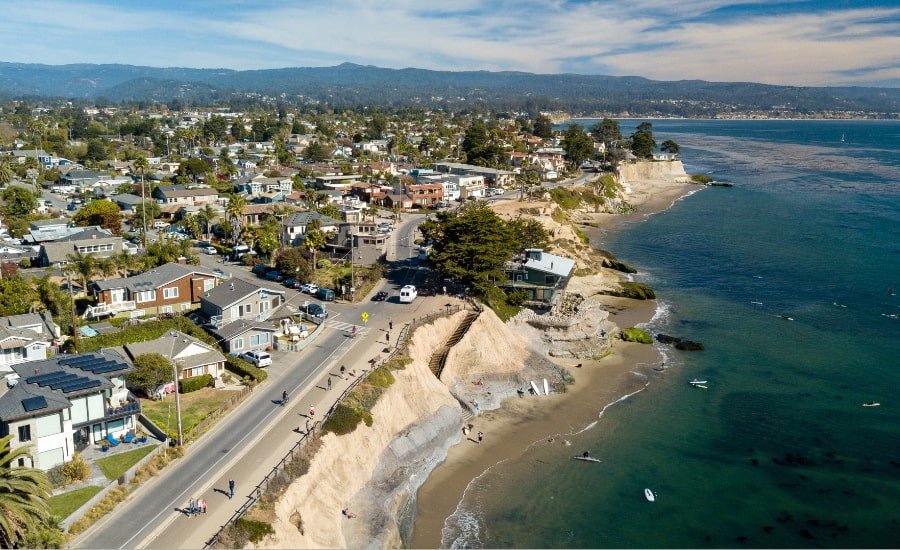 Real estate and coast at Pleasure Point Beach in Live Oak, Santa Cruz