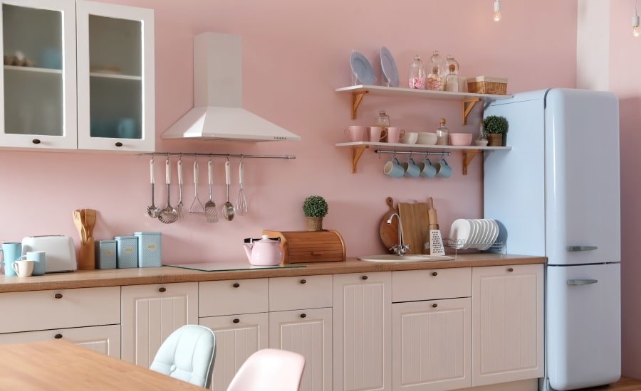 Pink kitchen with vintage fridge