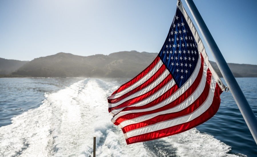 American flag off a boat near Santa Cruz real estate