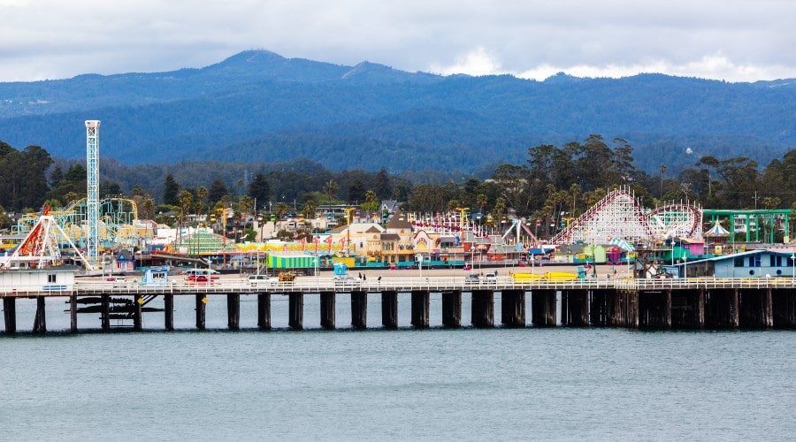 View of iconic Santa Cruz boardwalk near the ocean