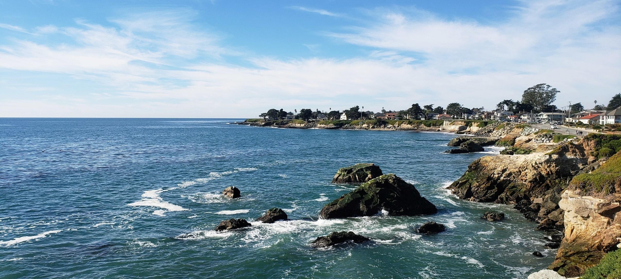 Homes overlooking ocean and rocks on West Cliff Drive, Santa Cruz