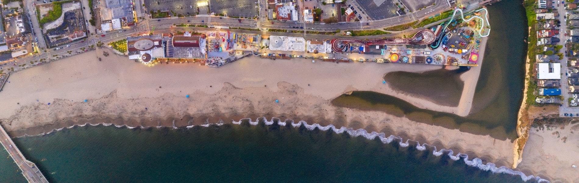 Aerial view overlooking iconic Santa Cruz Beach Boardwalk