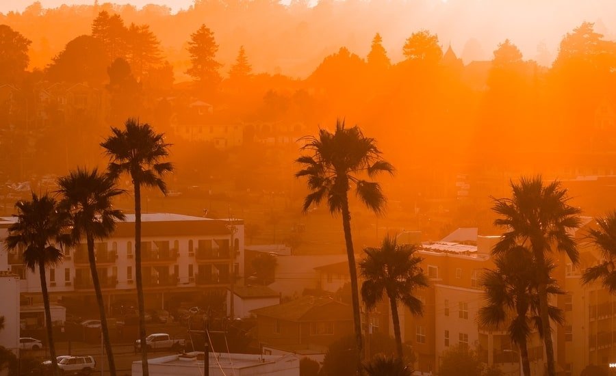 Aerial view of neighborhood in Santa Cruz during sunset