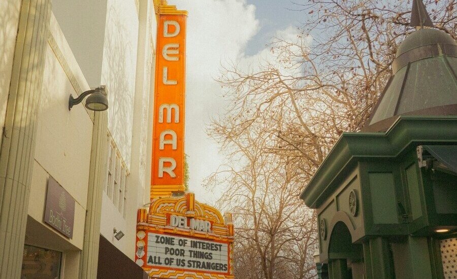 Exterior of the Landmark's Del Mar Theater and marquee in Santa Cruz, CA