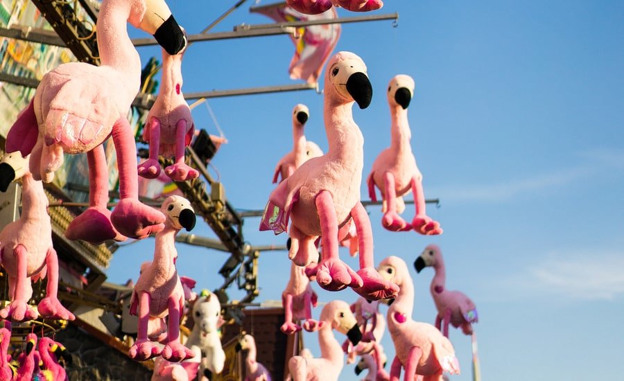 Pink flamingo plushies hanging from game booth at Santa Cruz County Fair
