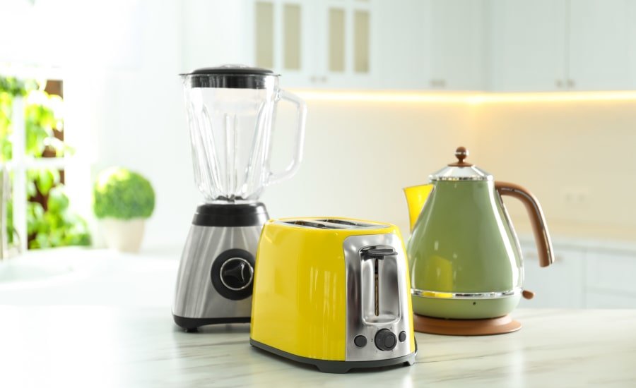 Colorful small appliances on kitchen counter