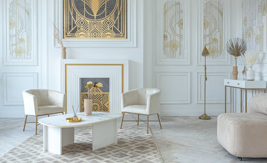 Modern, Art Deco-inspired living room in white