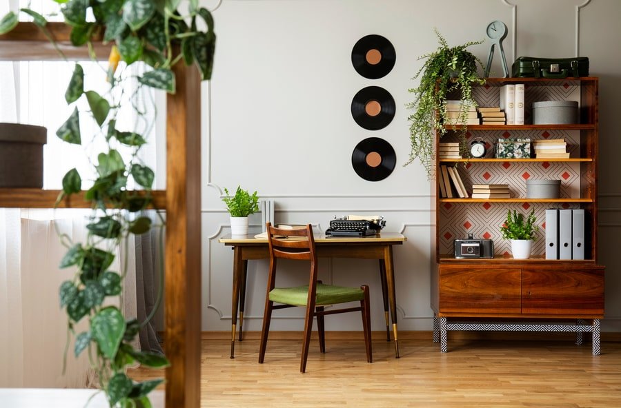 Wood, retro-feeling and vintage home interior with plants